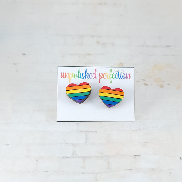 Pride Heart Stud Earrings | Hand Painted Wood Earrings