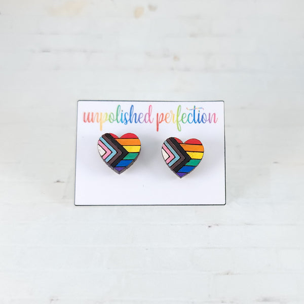Progress Pride Heart Studs | Hand Painted Wood Earrings