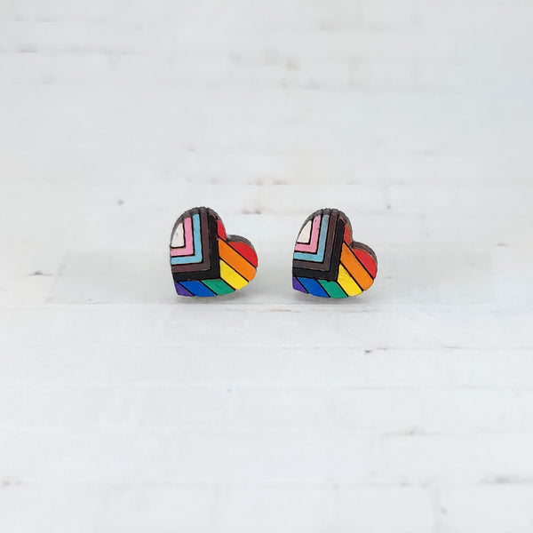 Progress Pride Heart Studs | Hand Painted Wood Earrings