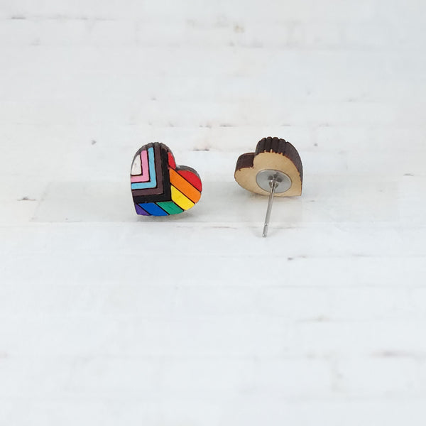 Progress Pride Heart Studs | Hand Painted Wood Earrings