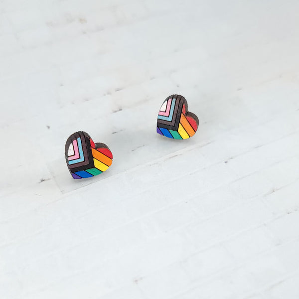 Progress Pride Heart Studs | Hand Painted Wood Earrings