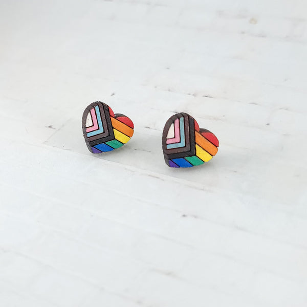 Progress Pride Heart Studs | Hand Painted Wood Earrings
