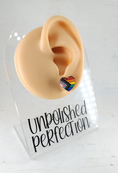 Progress Pride Heart Studs | Hand Painted Wood Earrings