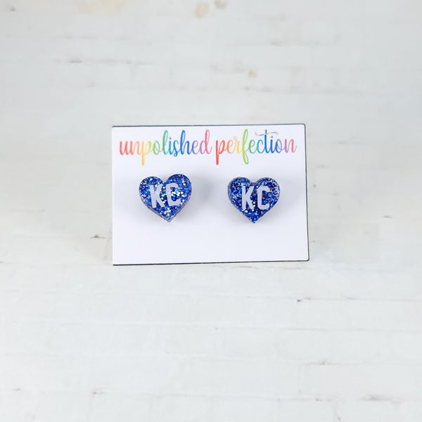 Kansas City Heart Earrings | Blue Glitter Acrylic Studs