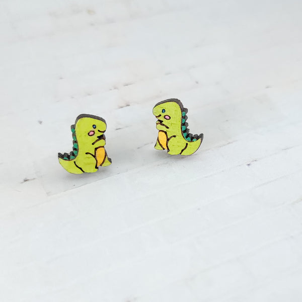 Dino Stud Earrings | Hand Painted Wood Earrings