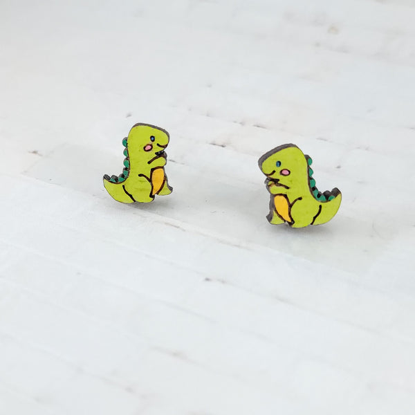 Dino Stud Earrings | Hand Painted Wood Earrings