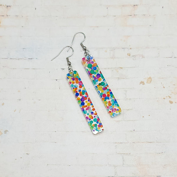 Rainbow Confetti Acrylic Bar Earrings | Valentine's Day Dangle Earrings