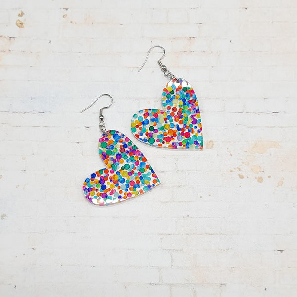 Rainbow Confetti Acrylic Heart Earrings | Valentine's Day Dangle Earrings