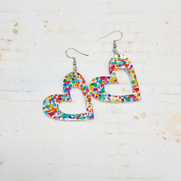 Confetti Print Open Heart Earrings | Valentine's Day Dangle Earrings