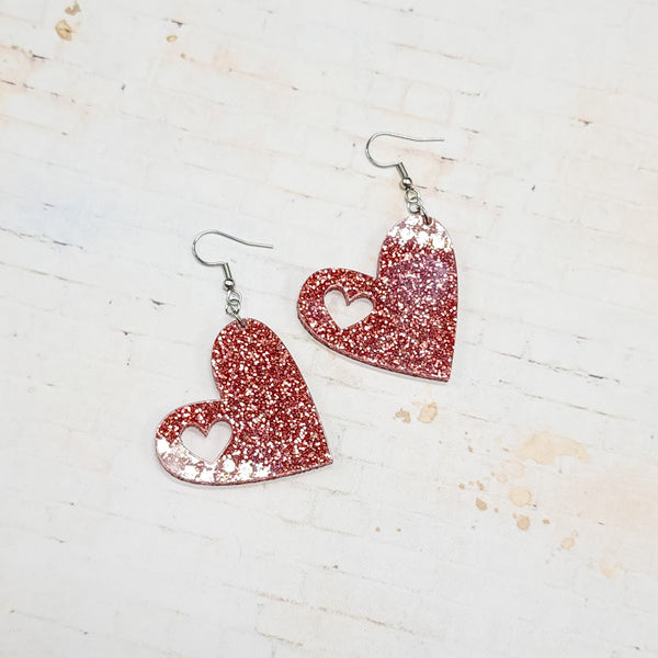 Pink Glitter Acrylic Heart Earrings | Valentine's Day Dangle Earrings