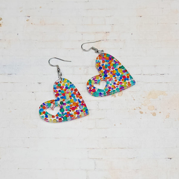 Rainbow Confetti Acrylic Cut Heart Earrings | Valentine's Day Dangle Earrings