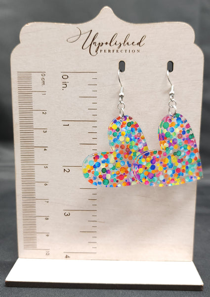 Rainbow Confetti Acrylic Heart Earrings | Valentine's Day Dangle Earrings