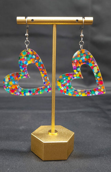 Confetti Print Open Heart Earrings | Valentine's Day Dangle Earrings