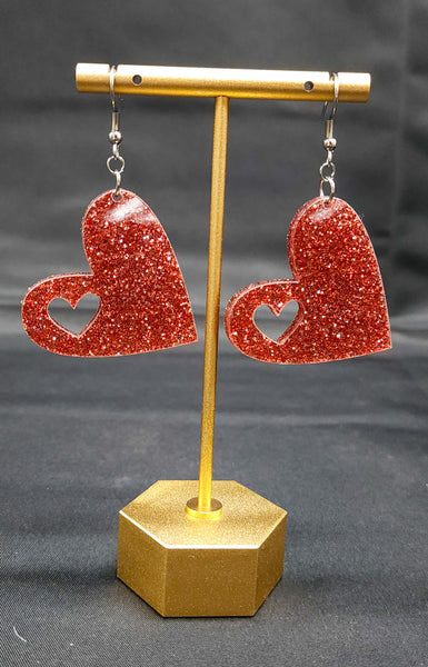 Pink Glitter Acrylic Heart Earrings | Valentine's Day Dangle Earrings