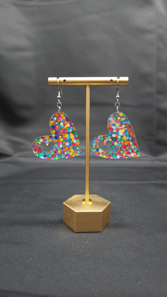 Rainbow Confetti Acrylic Cut Heart Earrings | Valentine's Day Dangle Earrings