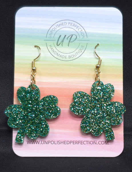 4-Leaf Clover Earrings | St. Patrick's Day | Green & Gold Glitter Acrylic
