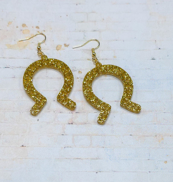 Horseshoe Earrings | St. Patrick's Day | Gold Glitter Acrylic