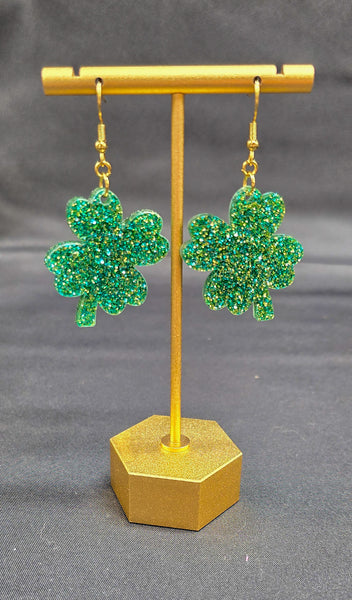 4-Leaf Clover Earrings | St. Patrick's Day | Green & Gold Glitter Acrylic