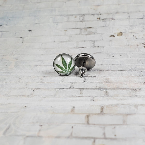 Marijuana Leaf Earrings | 12mm Studs | White & Green