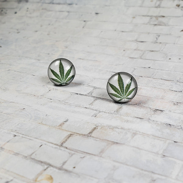Marijuana Leaf Earrings | 12mm Studs | White & Green