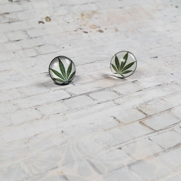 Marijuana Leaf Earrings | 12mm Studs | White & Green