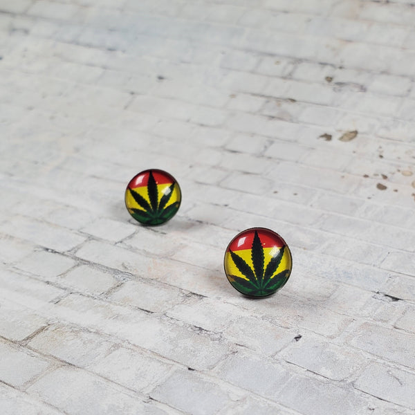 Marijuana Leaf Earrings | 12mm Studs | Rasta Flag