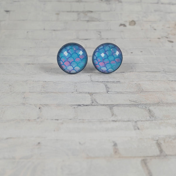 Mermaid Pattern Earrings | 12mm Studs | Blue