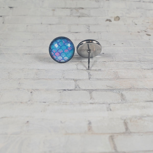 Mermaid Pattern Earrings | 12mm Studs | Blue