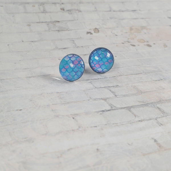 Mermaid Pattern Earrings | 12mm Studs | Blue