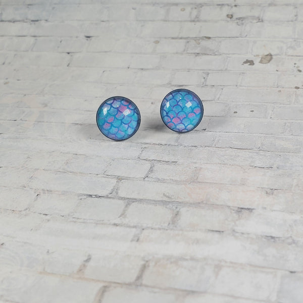 Mermaid Pattern Earrings | 12mm Studs | Blue