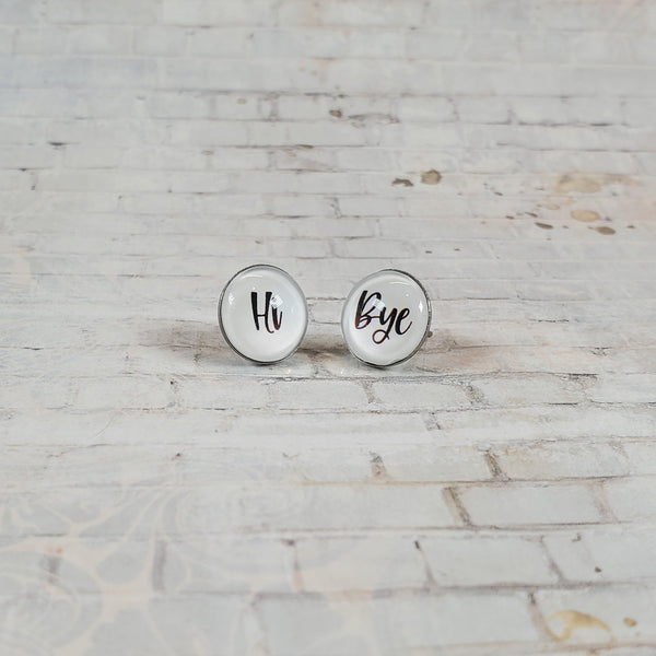 "Hi & Bye" Earrings | 12mm Studs | Word Earrings