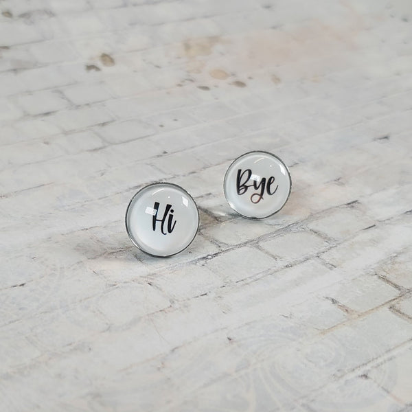 "Hi & Bye" Earrings | 12mm Studs | Word Earrings