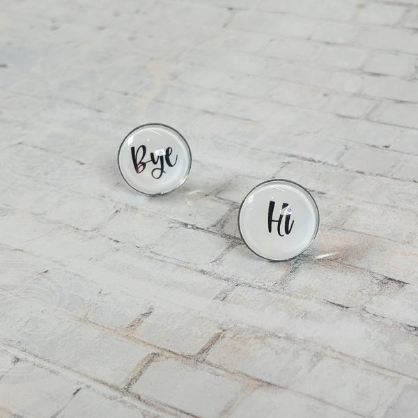 "Hi & Bye" Earrings | 12mm Studs | Word Earrings