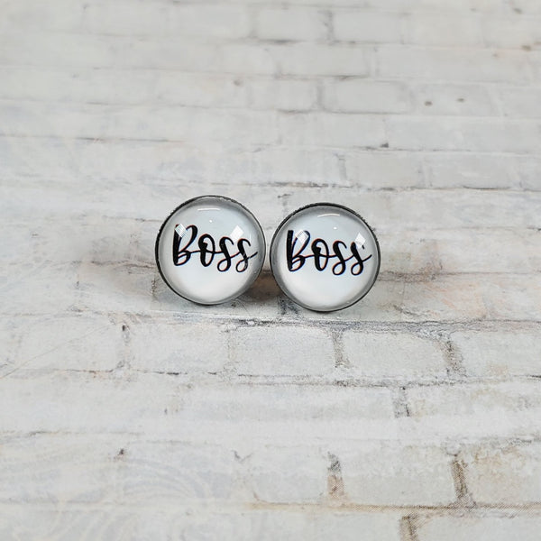 "Boss" Earrings | 12mm Studs | Word Earrings