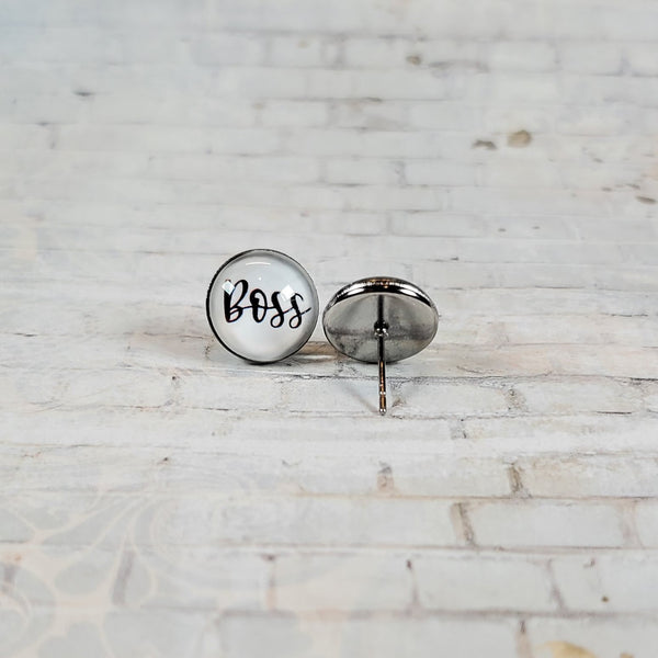 "Boss" Earrings | 12mm Studs | Word Earrings