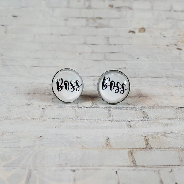 "Boss" Earrings | 12mm Studs | Word Earrings