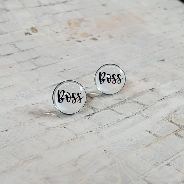 "Boss" Earrings | 12mm Studs | Word Earrings