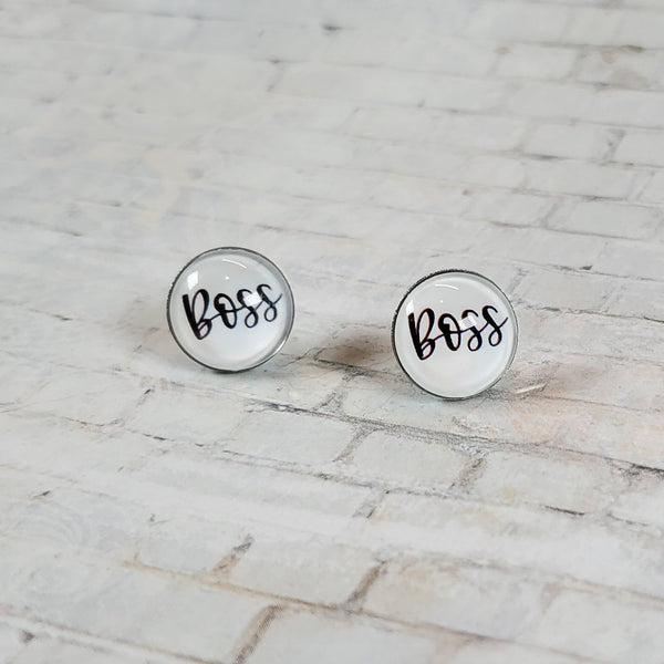 "Boss" Earrings | 12mm Studs | Word Earrings
