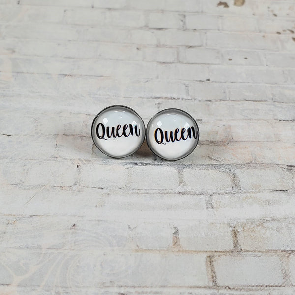 "Queen" Earrings | 12mm Studs | Word Earrings