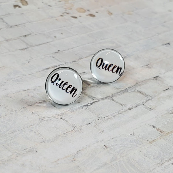 "Queen" Earrings | 12mm Studs | Word Earrings