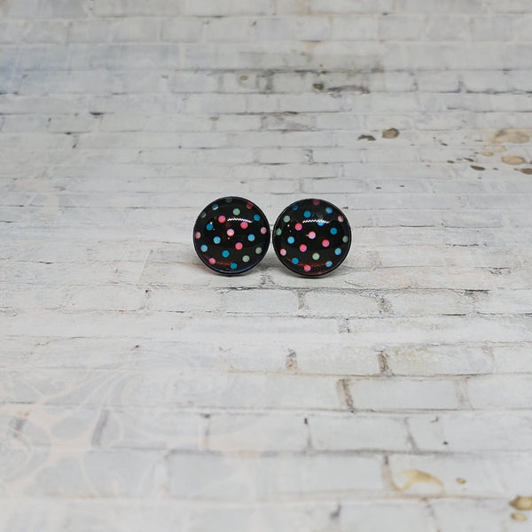 Black & Rainbow Polka Dot Earrings | 12mm Studs |