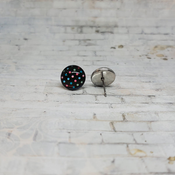 Black & Rainbow Polka Dot Earrings | 12mm Studs |