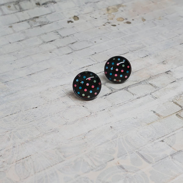Black & Rainbow Polka Dot Earrings | 12mm Studs |
