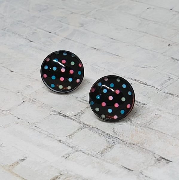 Black & Rainbow Polka Dot Earrings | 12mm Studs |