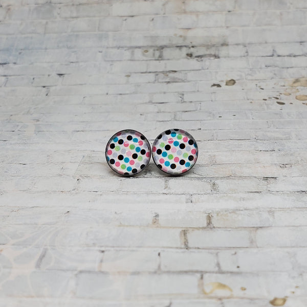 White & Rainbow Polka Dot Earrings | 12mm Studs |