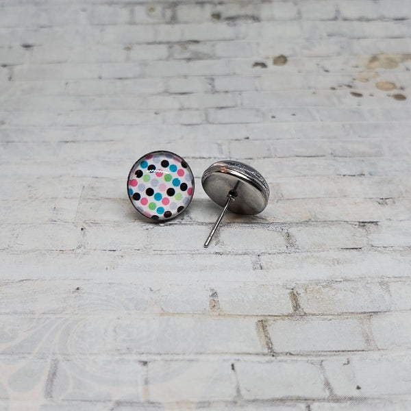White & Rainbow Polka Dot Earrings | 12mm Studs |