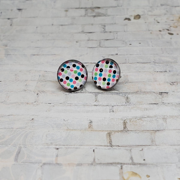 White & Rainbow Polka Dot Earrings | 12mm Studs |
