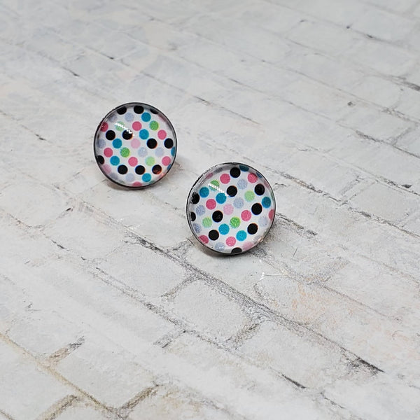 White & Rainbow Polka Dot Earrings | 12mm Studs |