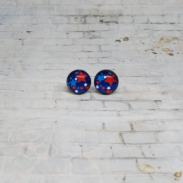 Blue & Red Star Earrings | 12mm Studs | Patriotic Earrings