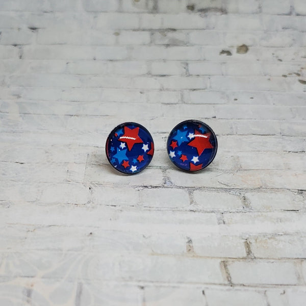 Blue & Red Star Earrings | 12mm Studs | Patriotic Earrings
